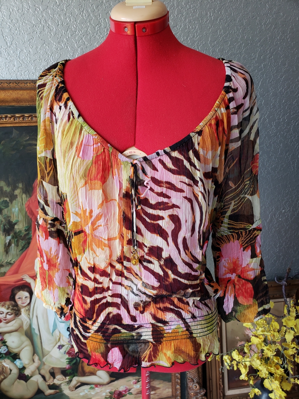 Cache Mixed Floral & Zebra Print Peasant Top - Pink, Brown & Yellow